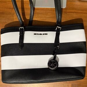 Michael Kors Black and White Striped Tote